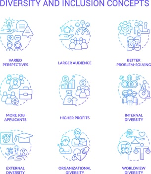 Diversity and inclusion blue gradient concept icons set. Varied perspectives idea thin line color illustrations. Better problem-solving. Isolated symbols vector