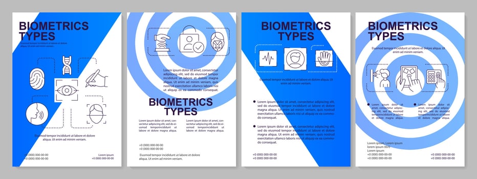 Biometrics types blue brochure template. Digital identity. Leaflet design with linear icons. Editable 4 vector layouts for presentation, annual reports