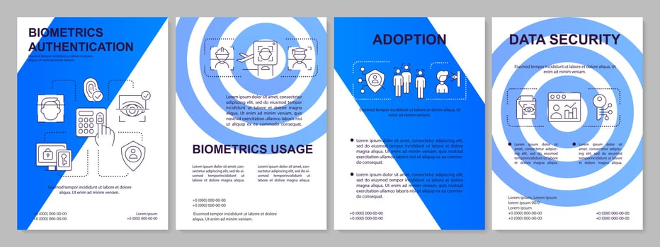 Biometrics and identity blue brochure template. Digital technology. Leaflet design with linear icons. Editable 4 vector layouts for presentation, annual reports