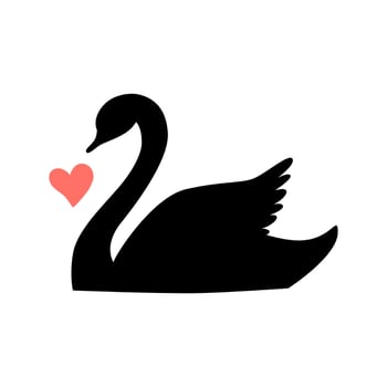 Black swan silhouette vector with pink heart. Bird shape graphic element isolated on white. Cute illustration hand drawn for Valentines day, wedding. Swan logo, icon, symbol of family, relationship.