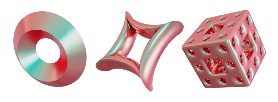 Set of 3d geometric shapes, on transparent background. Metallic holographic color. Trendy and futuristic design elements. Iridescent objects. 3D rendering. png