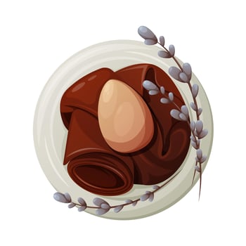 Chicken egg in a plate on a red towel with willow sprigs. Easter theme. Vector illustration, cartoon style, isolated background. Top view.