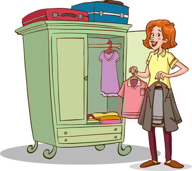 Young, pretty woman hanging dresses in wardrobe in bedroom at home vector