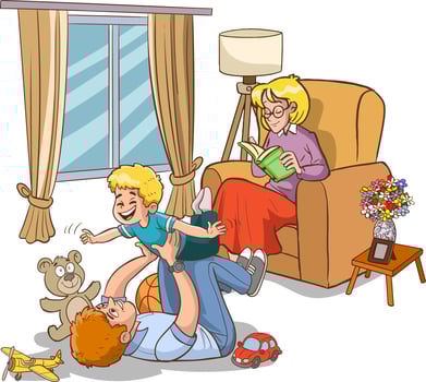 family illustration.woman reading book and father and son playing games cartoon vector