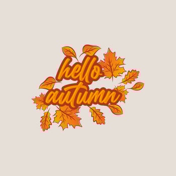 Vector illustration Handwritten lettering of Hello Autumn on hand drawn leaves background.