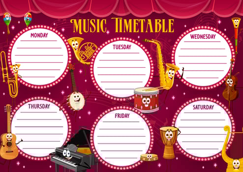 Timetable schedule with cartoon musical instrument vector
