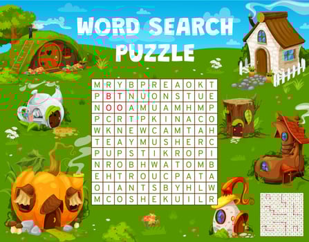 Cartoon fairy houses, word search worksheet game vector