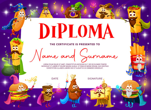 Kids diploma fast food cartoon wizard and mages vector