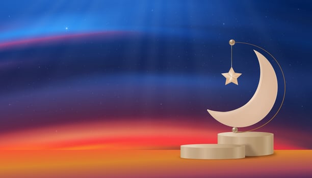 Islamic card,3D podium Crescent moon on Sunset sky background,Vetor Backdrop of Ramadhan Night with twilight dusk sky for muslim,Islam religion,Eid al-Adha,Eid Mubarak,Eid al fitr,Ramadan Kareem vector