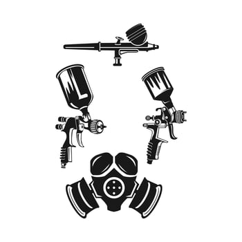 Monochrome illustration of metal spray gun and mask icon set. Isolated on white background.EPS 10 vector