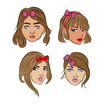 women with various hairstyles and tape colors, four different beautiful women with four different faces. vector