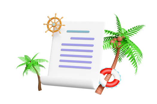 3D checklist with copy space, palm tree, lifebuoy, helm isolated. summer travel concept, 3d render illustration png