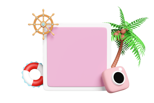 3D photo frame with copy space, palm tree, lifebuoy, helm, camera isolated. summer travel concept, 3d render illustration png