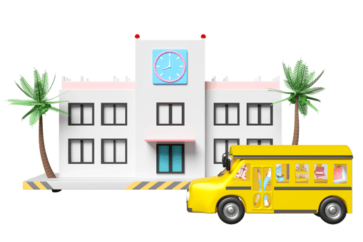 vehicle for transport students isolated. 3d yellow school bus cartoon, accessories with microscope, book, bag, pencil, school supplies, back to school 3d illustration render png