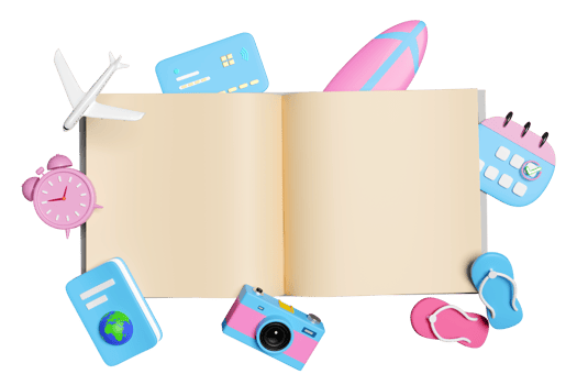 3d open book with calendar, airplane, marked date, passport isolated. schedule appointment, summer travel, itinerary, booking concept, 3d render illustration png