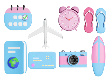 3d calendar, airplane, marked date, passport isolated. schedule appointment, summer travel, itinerary, booking concept, 3d render illustration png