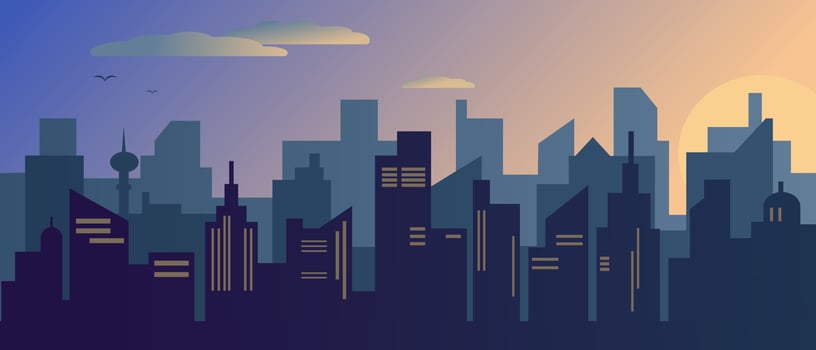 Sunset or sunrise in modern city. Vector illustration.