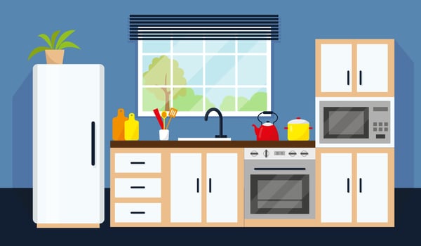 Kitchen interior with equipment and window. Vector illustration.