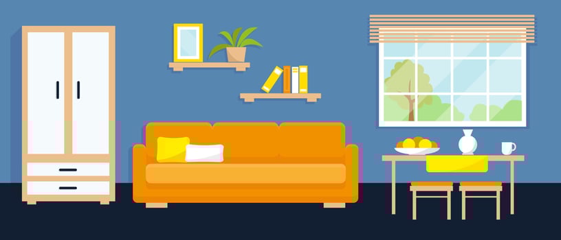 Living room interior with furniture, dining area and window. Vector illustration.