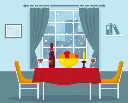 Dining table for romantic dinner near the window. Vector interior design.