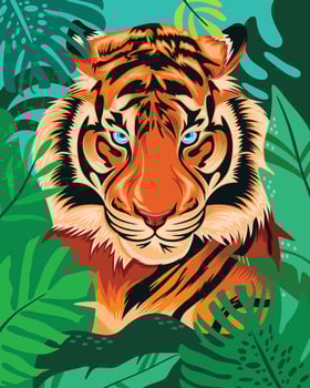 Tiger hidden in tropical jungle. Animal vector cartoon.