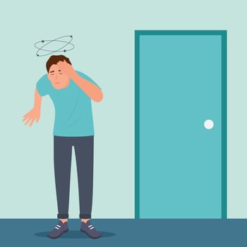 Dizziness. Man with closed eyes holds his hand on head, stars spin around his head. Sick man with vertigo.Vector illustration, flat design. vector