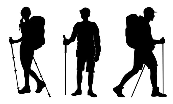 On a white backdrop, vector silhouettes of individuals hiking with backpacks.