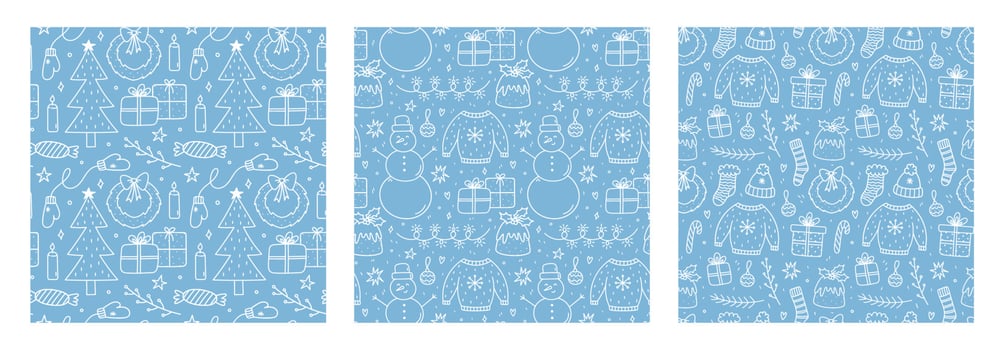 Set of cute xmas seamless patterns with doodles on blue background. Christmas trees, snowmen, gifts, garlands and other. Vector hand-drawn illustration. Perfect for wrapping paper, decorations, print.