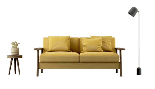 Yellow sofa with floor lamp and side table png