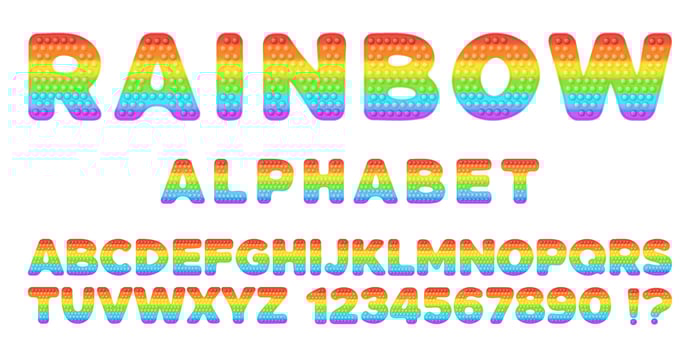 Popping toy font design - alphabet and numbers set in style of trendy silicon fidget toys in bright colors. Bubble sensory letters. Isolated cartoon vector illustration.