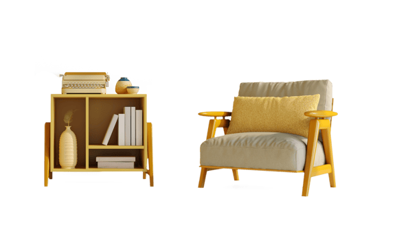 Wooden armchair and yellow cabinet png