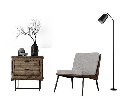 Wabi-sabi style interior mockup with chair,table,vase and floor lamp png