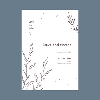 Minimalist wedding invitation template simple style with hand drawn floral decoration vector