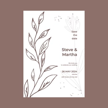 Minimalist wedding invitation template simple style with hand drawn floral decoration vector