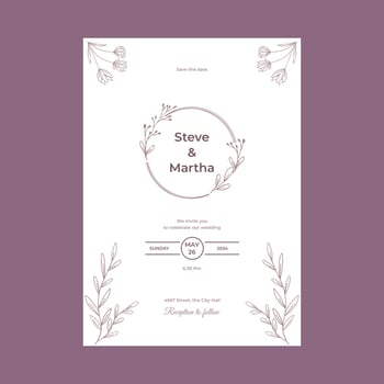 Minimalist wedding invitation template simple style with hand drawn floral decoration vector