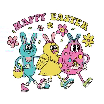 Retro poster in groovy style. Happy easter greeting card. Vintage Cartoon funny egg, bunny and chick holding hands. 70s groovy design with hand drawn typography. Vector poster, banner, invitation