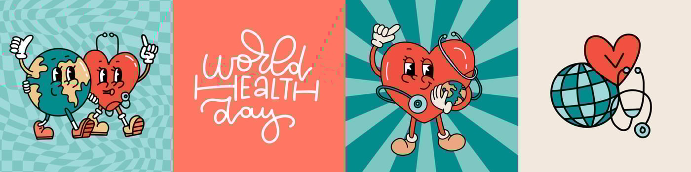 World Health Day greeting cards ot banner templates set. Retro cartoom style heart and Planet characters with doctor stethoscope and lettering . EPS 10 vector concept design