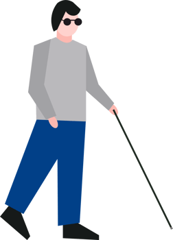 A blind man in glasses walks with a stick. png