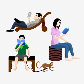 collection of people or students reading a book or studying. A collection of book lovers, readers, fans of modern literature in a sitting position. Flat cartoon vector illustration reading a book