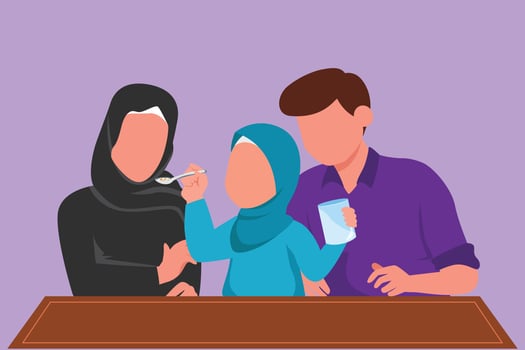Graphic flat design drawing young family having breakfast together with cereal and glass of milk at home. Daughter feeds her mother with love. Happy Arabian family. Cartoon style vector illustration