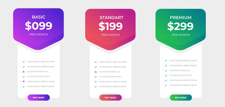 pricing table and pricing chart Price list vector template for web or app. Ui UX design tables with tariffs, subscription and business plans. Comparison business web plans, 3 column grid design.