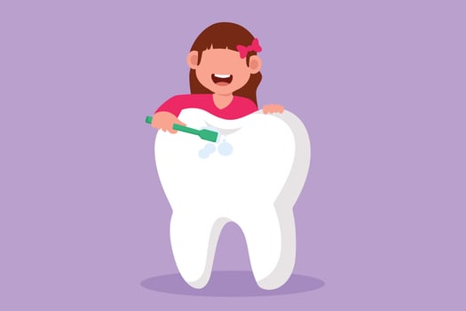 Character flat drawing of little girl brushing giant teeth with toothbrush. Dental clinic, dentistry hospital, oral care center. Healthy teeth campaign for children. Cartoon design vector illustration