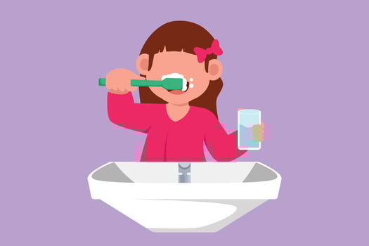 Cartoon flat style drawing little girl brushing her teeth in sink. Children routine habits every morning for cleanliness, health, and freshness of mouth and teeth. Graphic design vector illustration