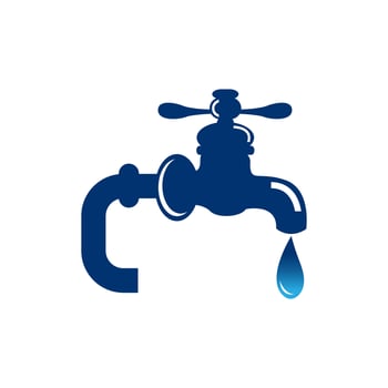 Vector illustration of faucet and a falling drop of water. Flat design of tap with liquid clean background. Kitchen and bathroom steel pipe cleaning and washing concept