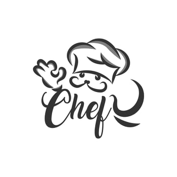 Menu symbol with chef and hand. Black vector illustration
