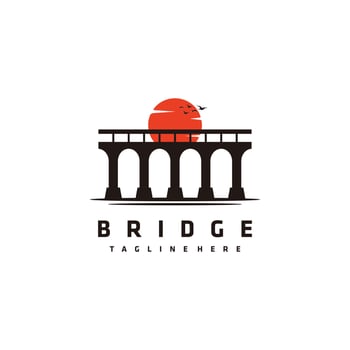Bridge silhouette logo design on background sunset and fly bird inspiration vector