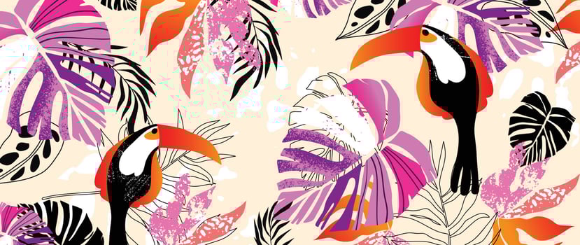Colorful tropical leaves background vector illustration. Jungle monstera palm leaves, exotic spring summer style with hornbills and grunge texture. Contemporary design for home decoration, wallpaper.