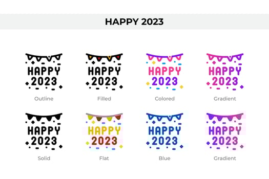 Happy 2023 icons in different style. Happy 2023 icons set. Holiday symbol. Different style icons set. Vector illustration