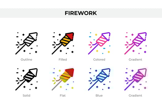 Firework icons in different style. Firework icons set. Holiday symbol. Different style icons set. Vector illustration