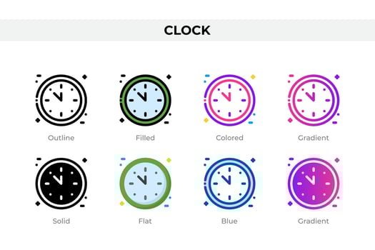 Clock icons in different style. Clock icons set. Holiday symbol. Different style icons set. Vector illustration